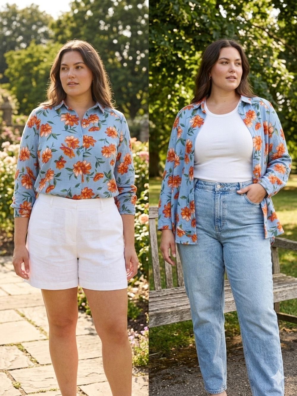 Boho Floral Button Down Shirt Blue Orange Cotton Gauze Maximalist Vacay Top -XL